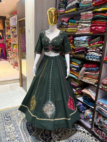 Bottle Green Embroidered Lehenga with Matching Blouse & Dupatta