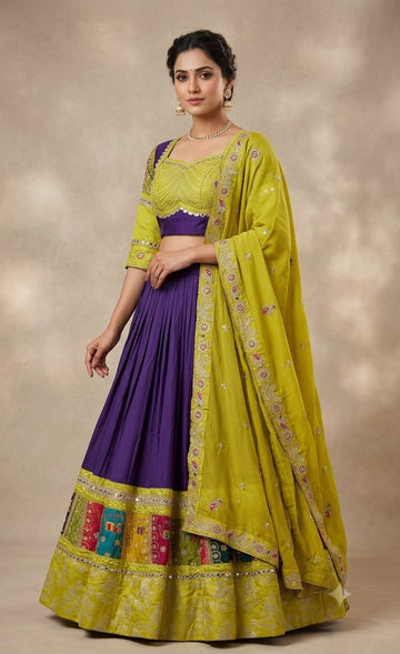 Purple & Lime Green Designer Lehenga with Embroidered Dupatta