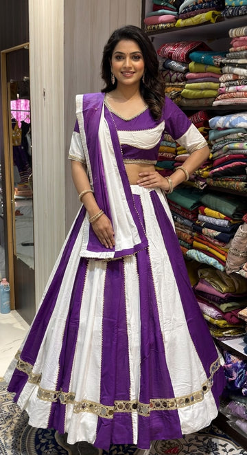 💜 Purple & White Pure Cotton Lehenga | 10 Meter Flair