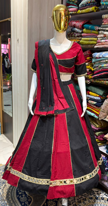 Black & Red / Orange Cotton Lehenga | 10 Meter Flair