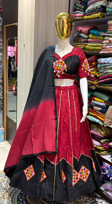 Wine Red & Black Pure Cotton Lehenga Set