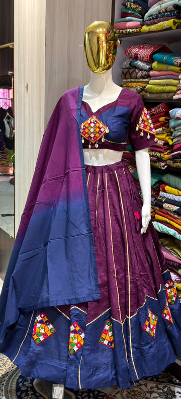 Purple & Navy Blue Full Flare Pure Cotton Lehenga with Embroidered Blouse & Dupatta