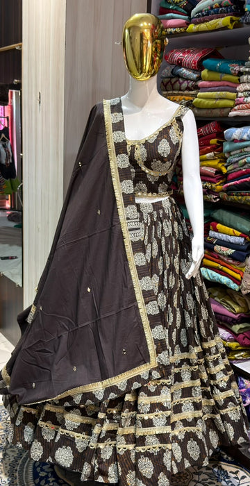 Black & Silver Printed Full Flare Pure Cotton Lehenga with Dupatta