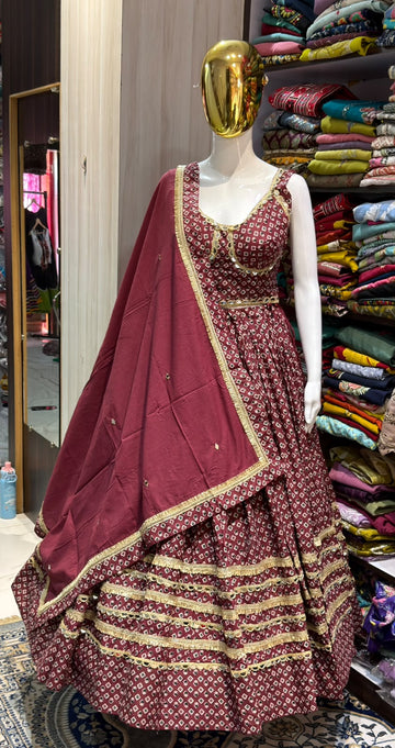 Wine Maroon Printed Full Flare Lehenga with Embellished Blouse & Dupatta