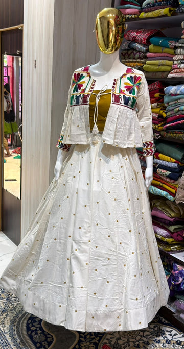White Pure Cotton Full Flare Lehenga with Embroidered Jacket