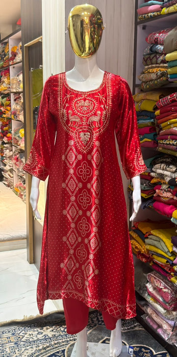 Red Pure Gaji Silk Bandhani Designer Kurti with Pant Set