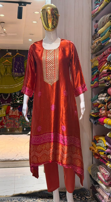 Rust Orange Gaji Silk Pitha Work Designer Kurti Pant Set