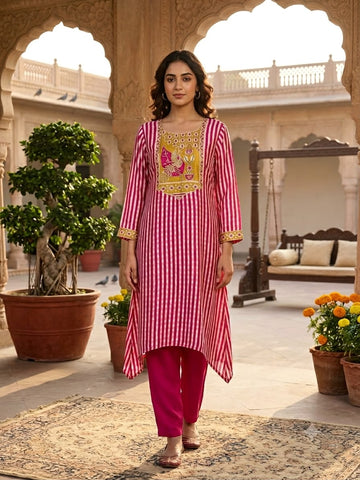 Rani Pink & White Striped Pure Gaji Silk Handwork Kurti Pant Set