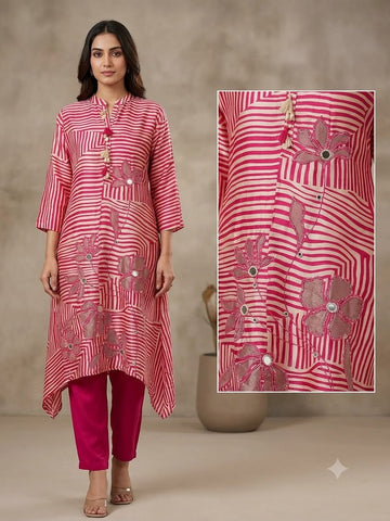Rani Pink Printed Pure Gaji Silk Designer Kurti Pant Set