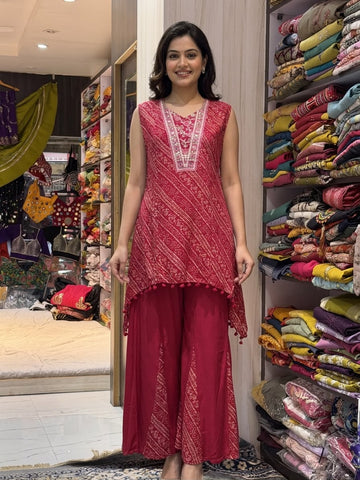 Maroon Bandhani Rayon Cotton Kurti Palazzo Set with Pom-Pom Detailing