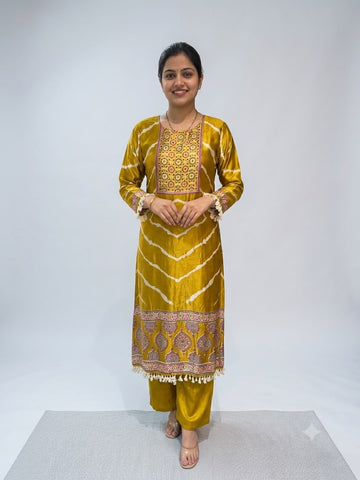 Mustard Yellow Pure Gaji Silk Printed Kurti Pant Set with Embroidered Yoke