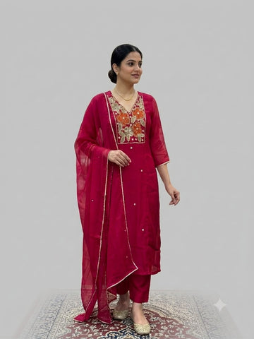 Rani Pink Mul Chanderi Suit Set with Orange Floral Embroidery