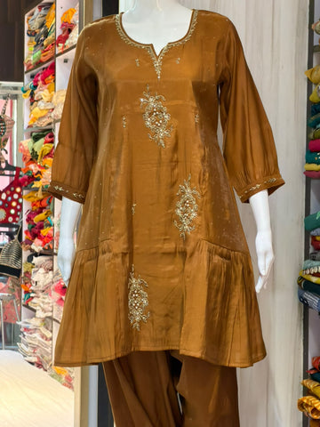 Mustard Brown Mul Chanderi Suit Set with Elegant Embroidery