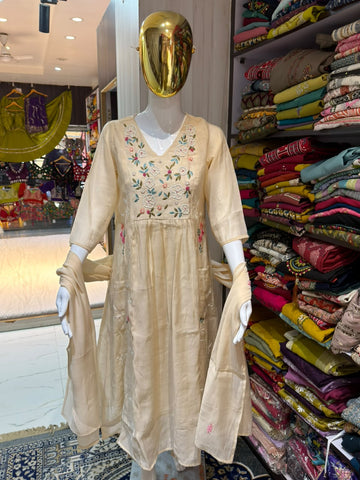 Ivory Beige Mul Chanderi Anarkali Suit Set with Multicolour Floral Embroidery