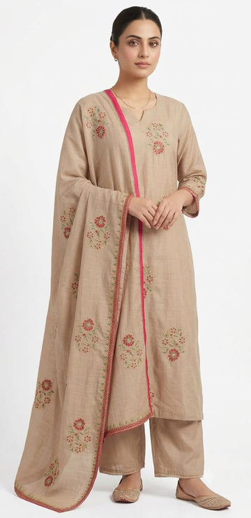 Beige Floral Embroidered Suit Set with Matching Dupatta