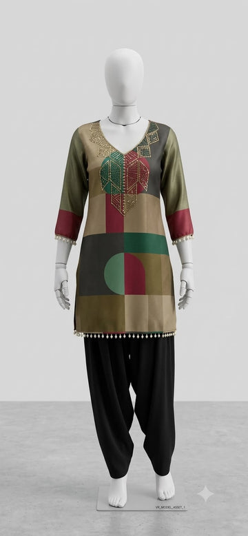 Olive Green & Maroon Geometric Designer Kurti Pant Set with Embellished Neckline