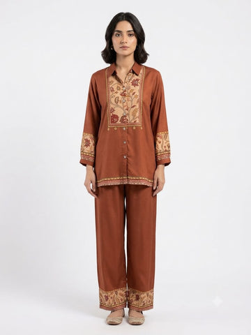 Rust Brown Printed Co-Ord Set with Floral Embellished Shirt & Wide-Leg Pants