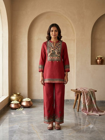 Maroon Printed Designer Co-Ord Set with Traditional Embellished Yoke