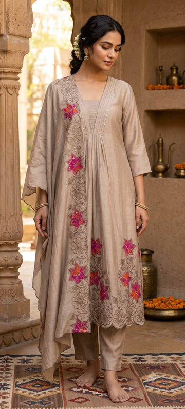 Taupe Beige Mul Chanderi Embroidered Suit Set with Floral Dupatta