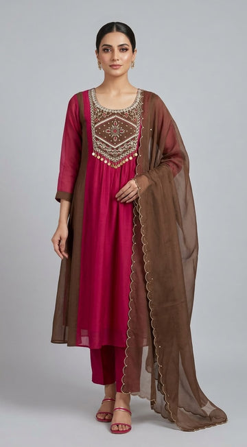 Rani Pink & Chocolate Brown Mul Chanderi Embroidered Suit Set with Dupatta