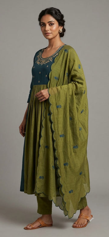 Teal Blue & Olive Green Mul Chanderi Anarkali Suit Set with Embroidered Dupatta