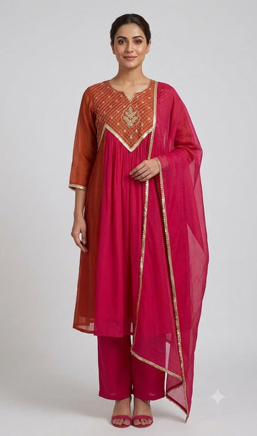 Fuchsia Pink & Rust Orange Mul Chanderi Embroidered Anarkali Suit Set