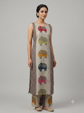 Beige Elephant Print Co-Ord Set for Women