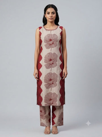 Beige & Maroon Floral Printed Sleeveless Co-Ord Set