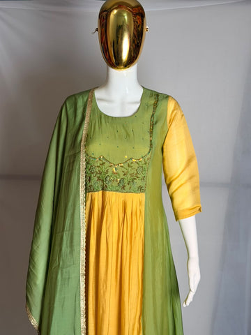 Mustard Yellow & Green Mul Chanderi Suit Set | Disshania