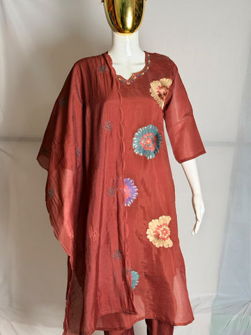 Rust Red Roan Silk Embroidered Suit Set | Disshania