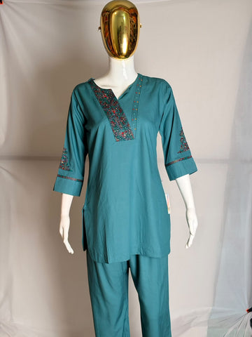 Teal Blue Designer Co-Ord Set with Multicolour Embroidery