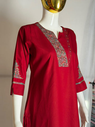 Ruby Red Designer Co-Ord Set with Embroidered Neckline
