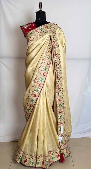 Golden Party Wear Saree with Full Work Blouse | Disshania