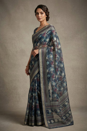 Blue Floral Cotton Saree | Elegant Printed Saree