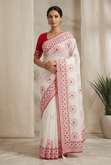 White & Red Floral Mul Cotton Saree