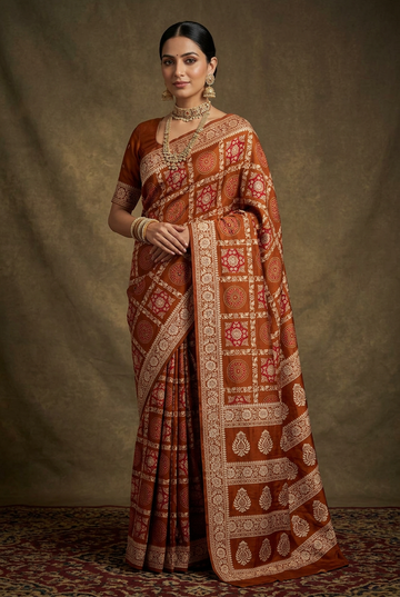 Printed Mul Cotton Sarees in Maroon, Red & Mustard | Disshania