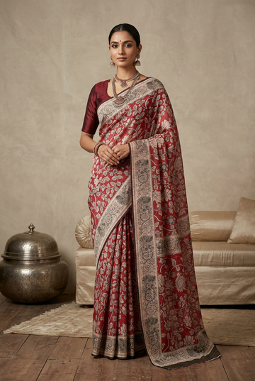 Maroon Hand Print Sanganeri Saree | Disshania