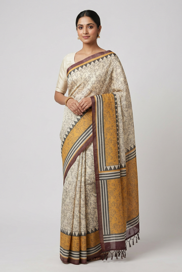 Beige Floral Mul Cotton Saree for Office Wear | Disshania