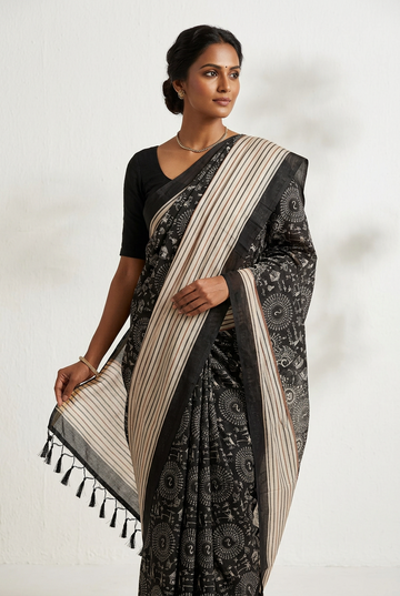 Black Mul Cotton Saree | Elegant & Professional Look