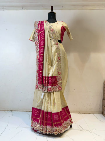 Cream & Rani Pink Embroidered Ready-Made Blouse Party Wear Saree