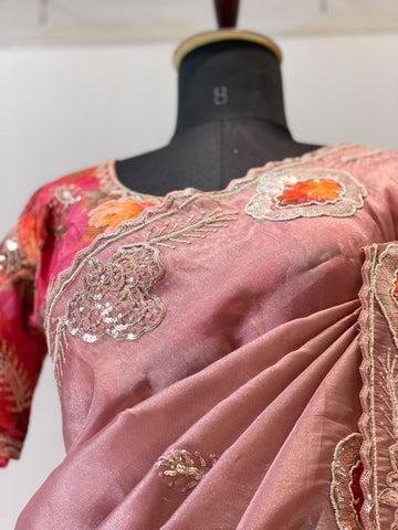Dusty Pink Organza Silk Embroidered Ready-Made Blouse Saree