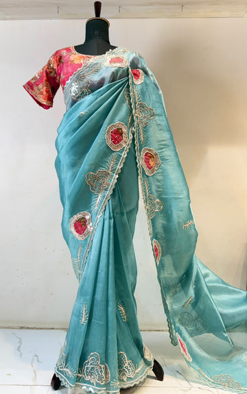 Teal Blue Organza Silk Embroidered Ready-Made Blouse Saree