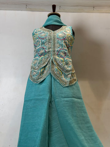Teal Blue Plazo Pair with Heavy Embroidered Jacket
