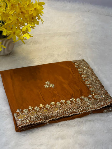 Mustard Brown Pure Silk Saree with Heavy Embroidered Border