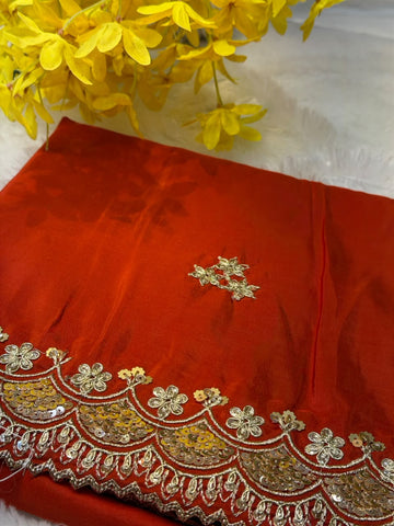 Rust Orange Pure Silk Saree with Heavy Embroidered Border