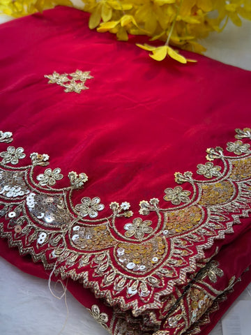 Red Pure Silk Saree with Heavy Embroidered Border