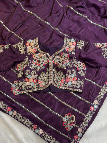 Wine Purple Readymade Blouse Party Wear Saree
