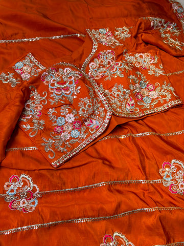 Rust Orange Readymade Blouse Party Wear Saree
