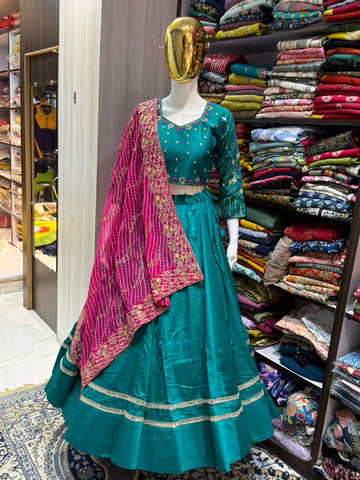 Teal Green Full Flare Lehenga with Embroidered Blouse & Pink Dupatta